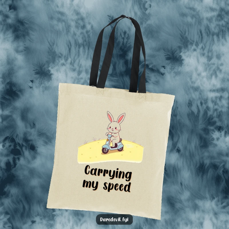 Funny rabbit scooter tote bag, cheerful rabbit zooming down hill, carrying speed with humor, functional and funny gift.