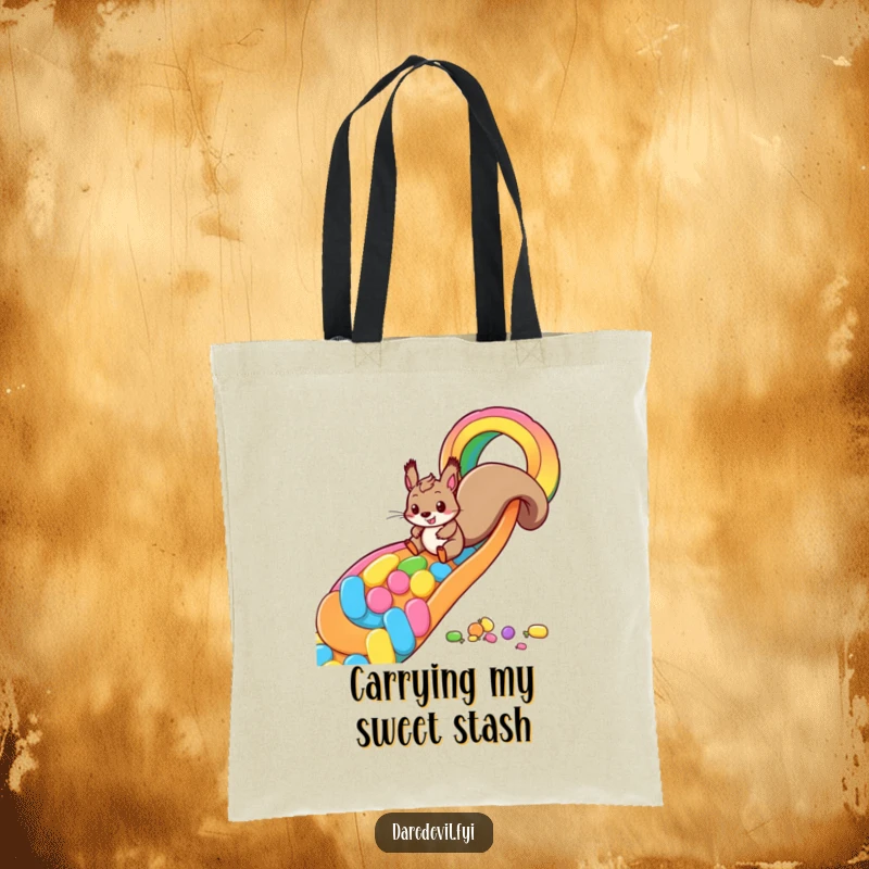 Funny squirrel candy slide tote bag featuring a playful squirrel zooming down a rainbow made of candy, perfect for carrying items with sweet humor.
