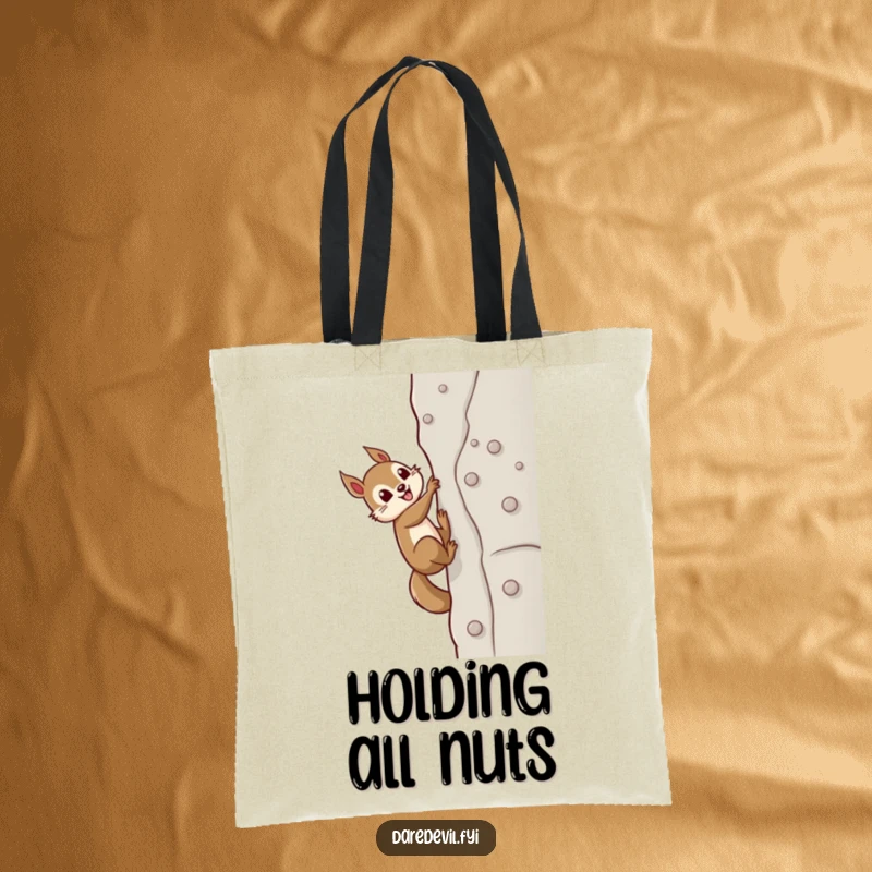Funny squirrel character skillfully using suction cups to scale a challenging wall, depicted on a humorous and practical tote bag.