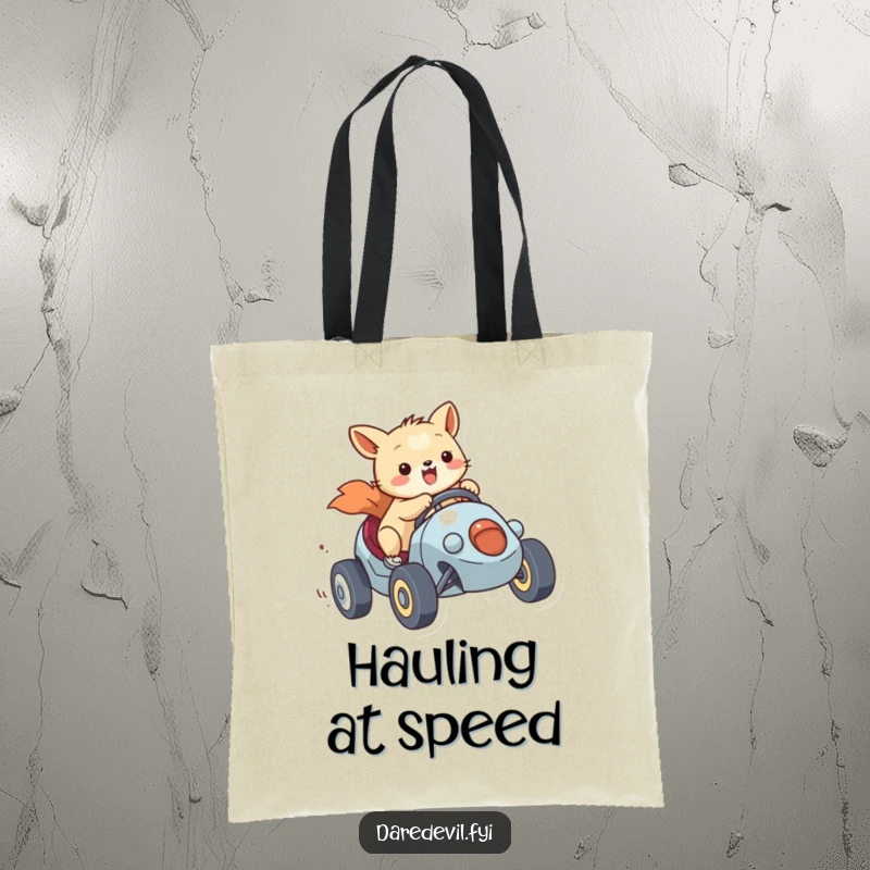 Funny Tote Bag showing a smiling animal character racing a tiny vehicle with gusto, a humorous and practical accessory.