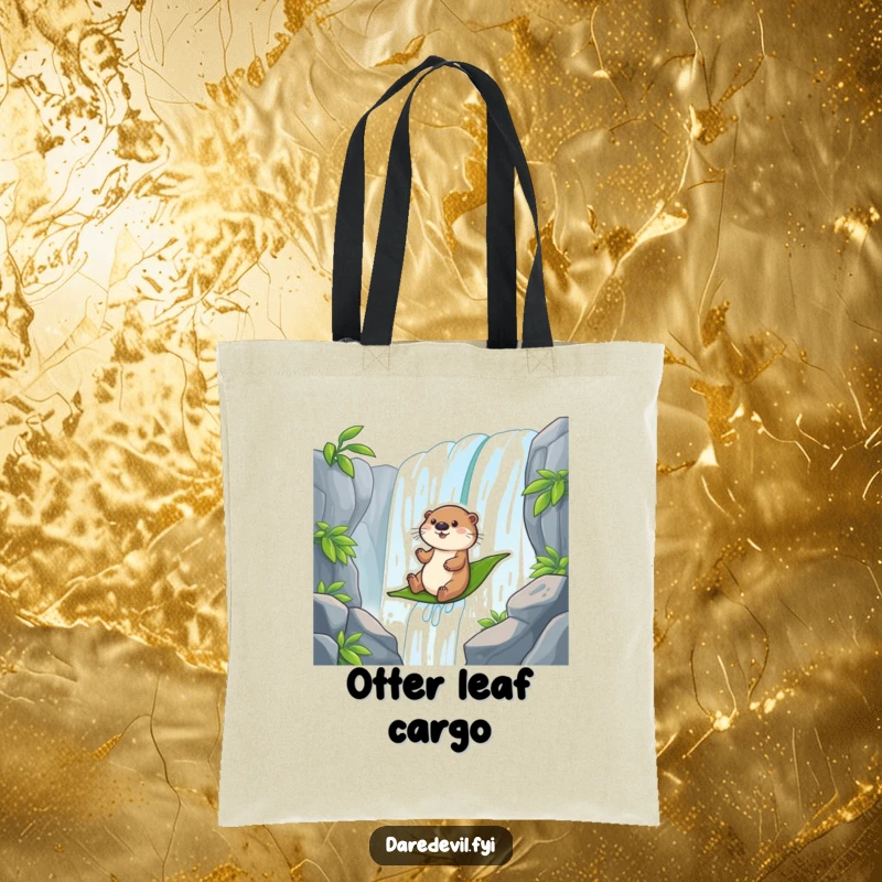 Funny otter character sliding down a waterfall on a leaf, a whimsical and fun design for a tote bag.