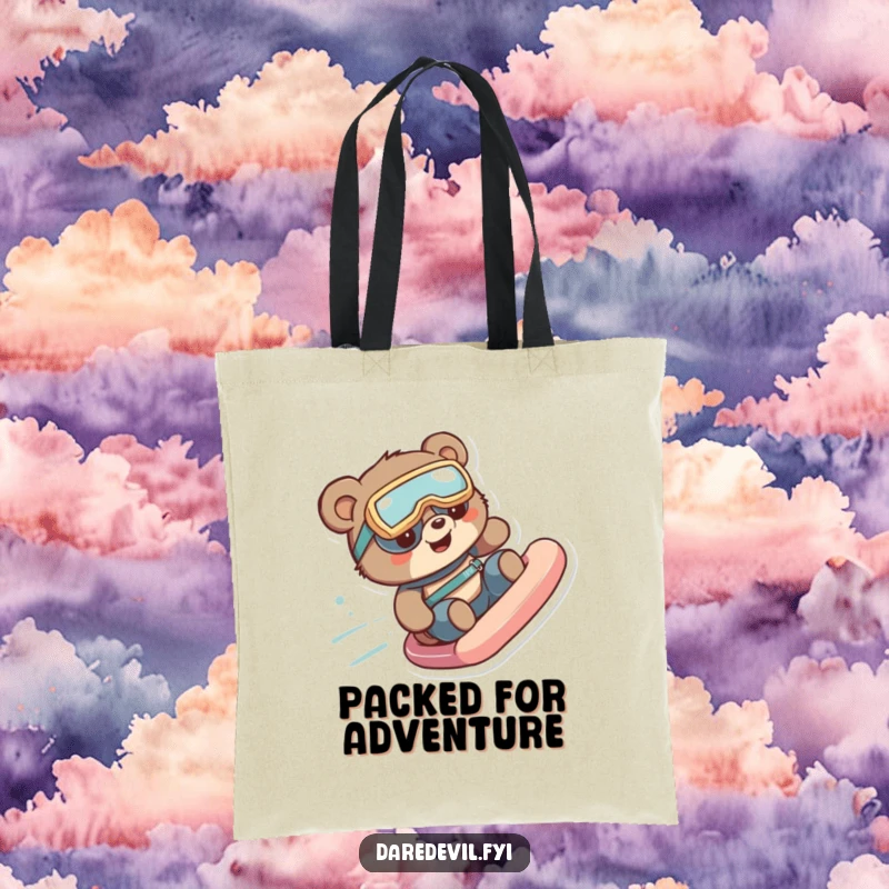 Funny bear with goggles zooming down a slide, symbolizing fun and adventure on a funny tote bag.